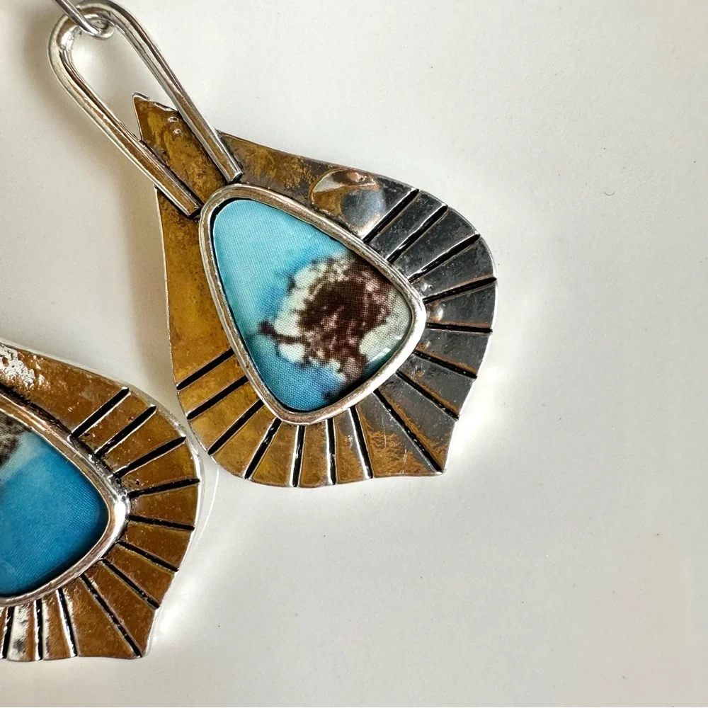 3/$22🩶 Silver Faux Turquoise Stone Earrings Teardrop Etched Southwestern NEW
